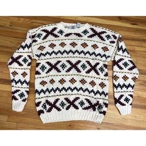 Cape Isle‎ Knitters Men's Sweater White Geometric Cotton Pullover Vintage Winter